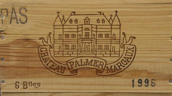 An unopened case of six Chateau Palmer, 1996 Margaux, retailed by The Wine Society